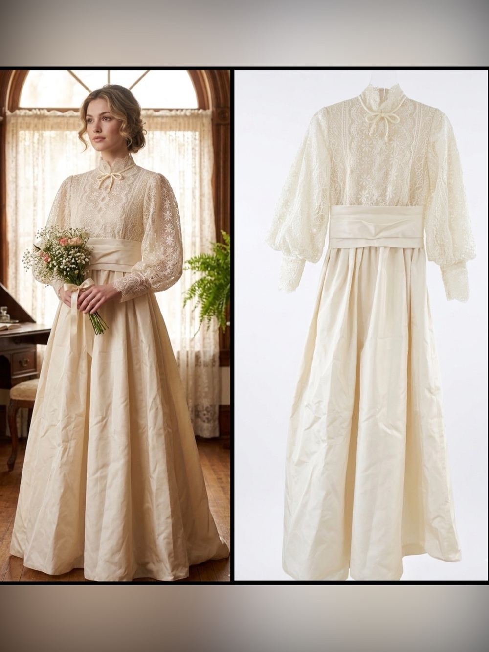 Vintage 1970 House Of Bianchi Victorian Edwardian Wedding Cream Lace Dress XS